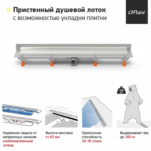 Paini Душевой лоток с рамкой Klasik 650 мм D40, монтаж к стене, глянец