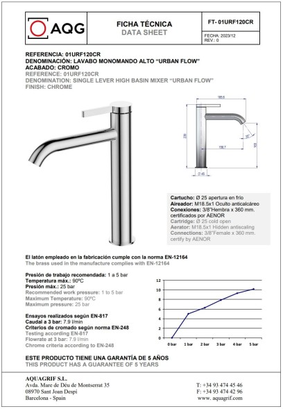 AQG Urban Flow, высокий однорычажный смеситель для раковины без донного клапана, цвет хром
