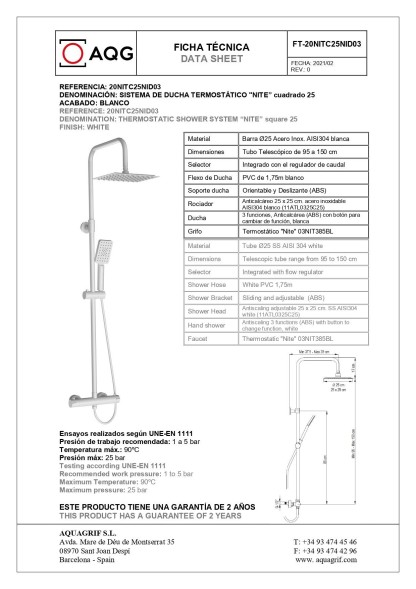 AQG Nite, душевая колонна регул. по высоте 95-150 см: c термостатом и квадратным верхним душем 25х25 см, цвет белый матовый