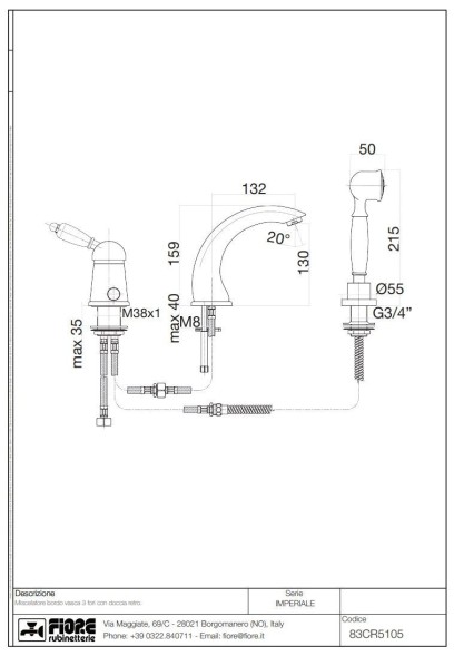 Fiore Imperiale, комплект смесителя на борт ванны (излив 13,2 см), на 3 отверстия, с набором для душа, цвет золото