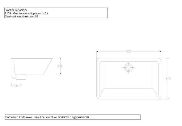 Hidra Lavabi, подстольная прямоугольная раковина 53x34,5x13h см, цвет белый глянцевый