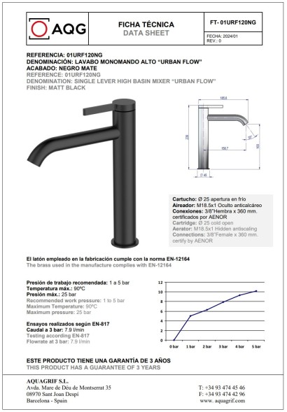 AQG Urban Flow, высокий однорычажный смеситель для раковины без донного клапана, цвет черный матовый