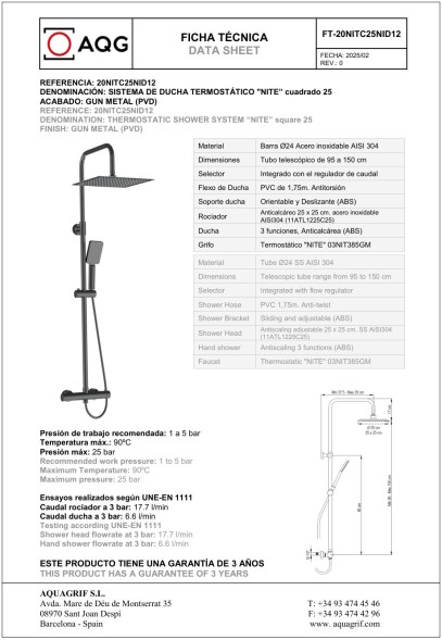 AQG Nite, душевая колонна регул. по высоте 95-150 см: c термостатом и квадратным верхним душем 25х25 см, цвет оружейная сталь (PVD)