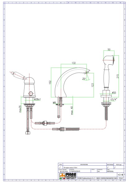 Fiore Imperiale, комплект смесителя на борт ванны (излив 13,2 см), на 3 отверстия, с набором для душа, цвет хром