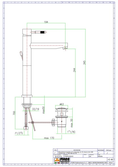 Fiore Xenon, высокий однорычажный смеситель для раковины с донным клапаном, цвет хром