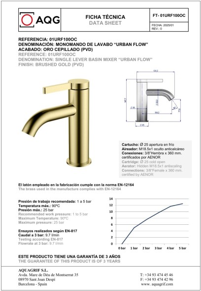 AQG Urban Flow, однорычажный смеситель для раковины без донного клапана, цвет матовое золото (PVD)