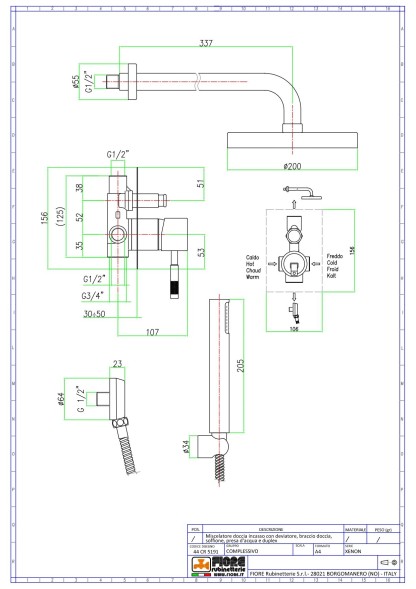 Fiore Xenon, душевой комплект на 2 потребителя: с круглым верхним душем Ø20 см и кронштейном 35 см, цвет черный матовый