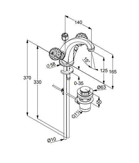 Смеситель KLUDI ADLON 5101005G5 для раковины на одно отверстие двухвентильный с донным клапаном хрустальные рукоятки «Made with Swarovski® Elements»
