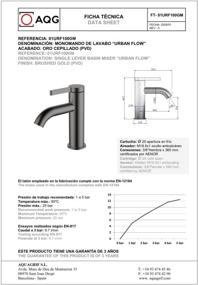 AQG Urban Flow, однорычажный смеситель для раковины без донного клапана, цвет оружейная сталь (PVD)