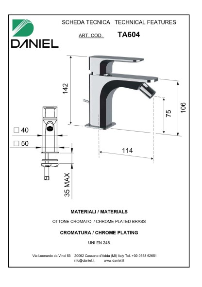 Daniel Tiara, однорычажный смеситель для биде с донным клапаном, цвет хром