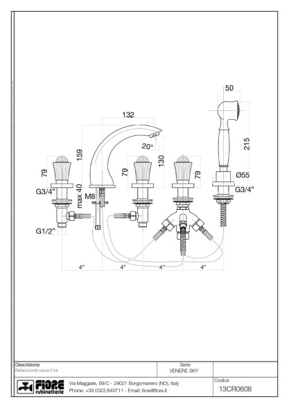 Fiore Venere Sky, комплект смесителя на борт ванны на 5 отверстий, цвет хром - Swarovski
