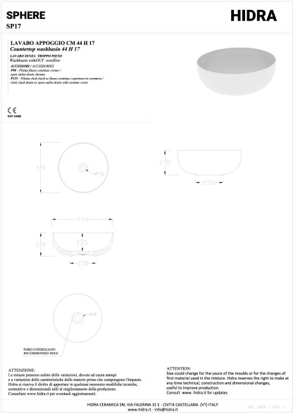 Hidra Sphere, накладная круглая раковина Ø44х17h см, цвет белый матовый