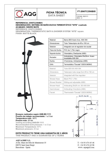 AQG Nite, душевая колонна регул. по высоте 95-150 см: с изливом, термостатом и квадратным верхним душем 25х25 см, цвет черный матовый