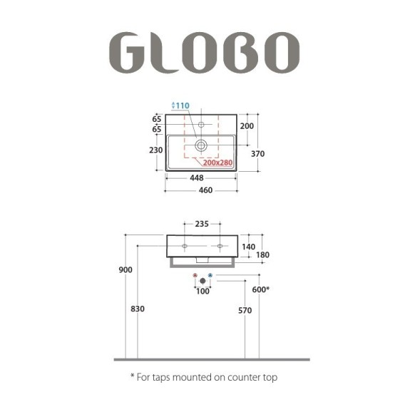 Раковина GLOBO INCANTHO подвесная или на столешницу с одним намеченным отверстием цвет белый 0