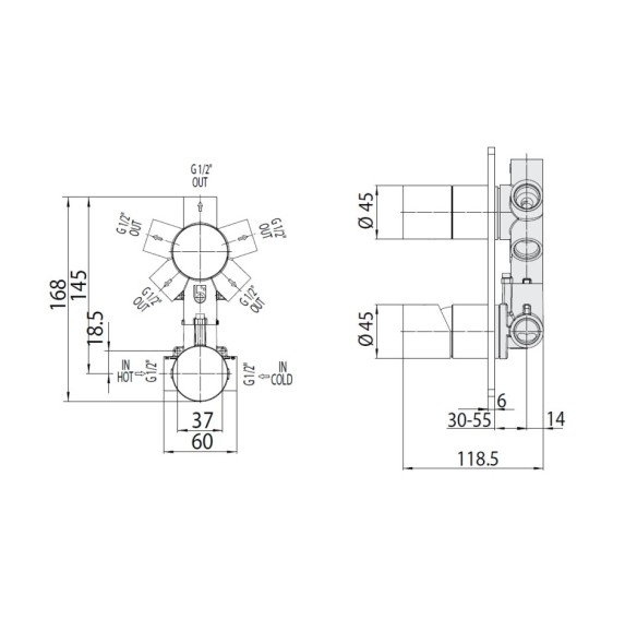 Встраиваемая часть Bossini Z00130 для смесителей для ванны и душа на 2-5 потребителей