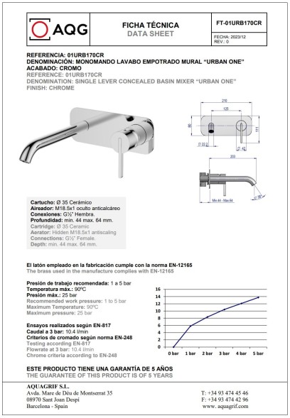 AQG Urban One, встраиваемый в стену однорычажный смеситель для раковины, цвет хром