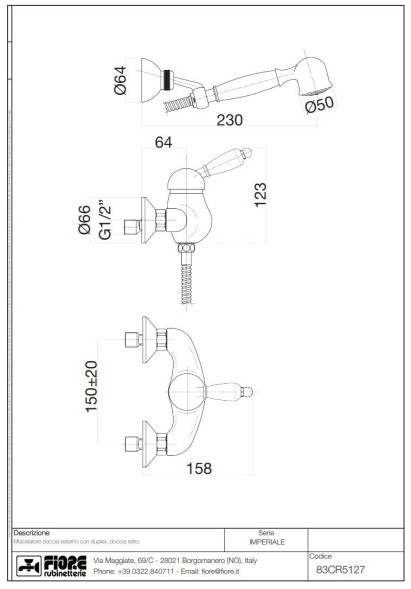 Fiore Imperiale, однорычажный смеситель для душа, с набором для душа, цвет золото
