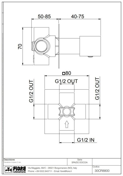 Fiore Kube, встраиваемый в стену однорычажный дивертор на 3 потребителя, цвет хром
