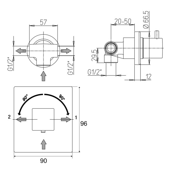 Paini 21CR425 Дивертор для переключения потоков Грация на 2 выхода, встраиваемый, хром