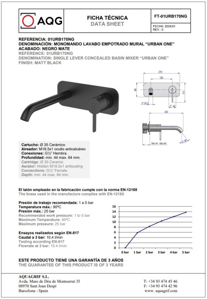 AQG Urban One, встраиваемый в стену однорычажный смеситель для раковины, цвет черный матовый